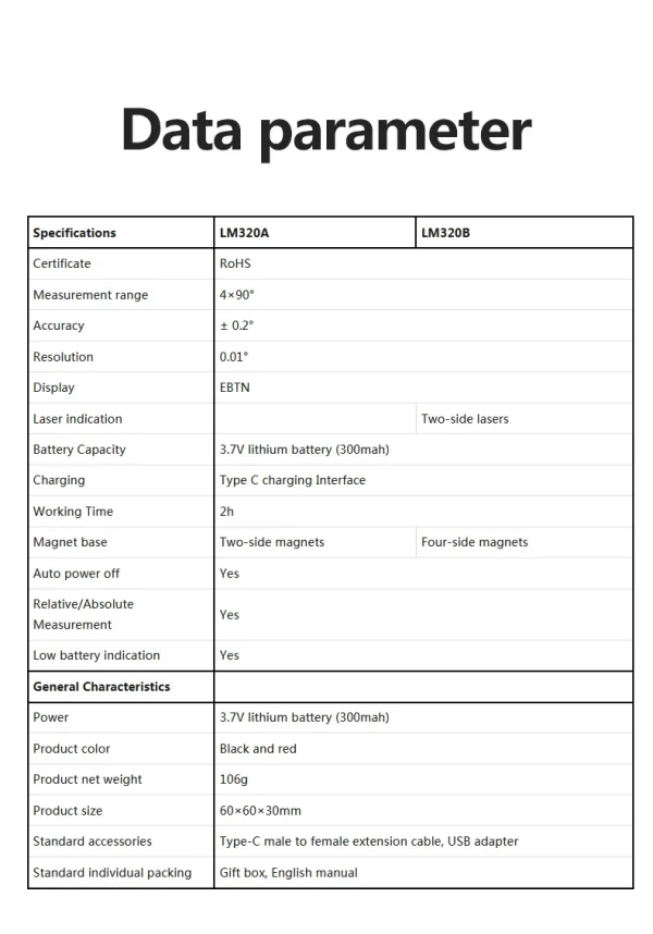 UNI-T LM320A LM320B Compteur d'angle Inclinomètre magnétique LM320F Rapporteur igital Angle Finder Biseau Boîte Outil de mesure d'angle – Image 24