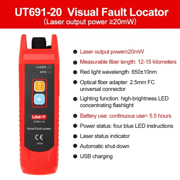 UNI-T UT691 Localisateur de défaut visuel 15km Stylo de test de fibre optique Stylo lumineux Stylo lumineux Testeur de source de lumière rouge – Image 7