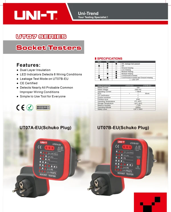 UNI-T UT07 testeurs de prises détecteur prise ue terre neutre prise d'incendie polarité contrôle de Phase détection de câblage Test de fuite RCD – Image 8