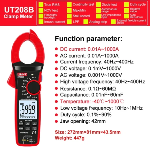 Pince ampèremétrique numérique UNI-T True RMS, UT207B, UT208B, courant AC DC, 1000A, pince 1000V, ampèremètre Ldissolve, pince ampèremétrique 6000 points – Image 10