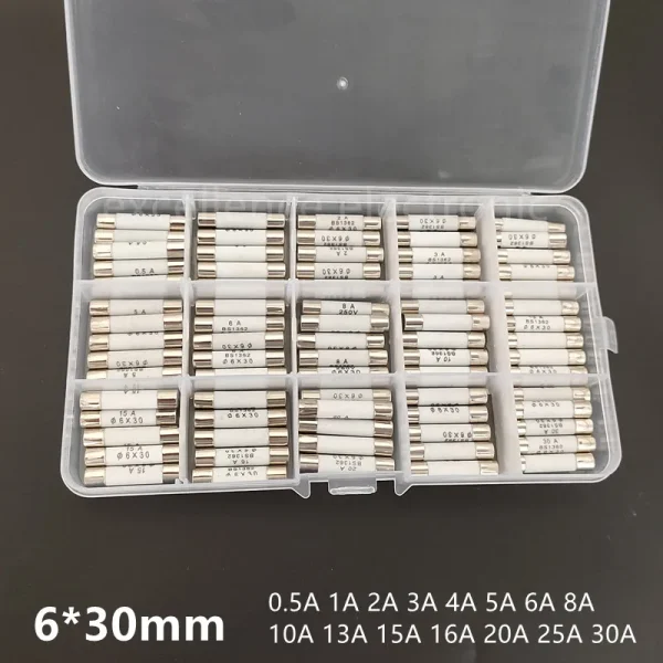 Kit 75 Fusibles en Céramique 6x30mm – 0.5A à 30A, Assortiment 250V, Tube de Protection