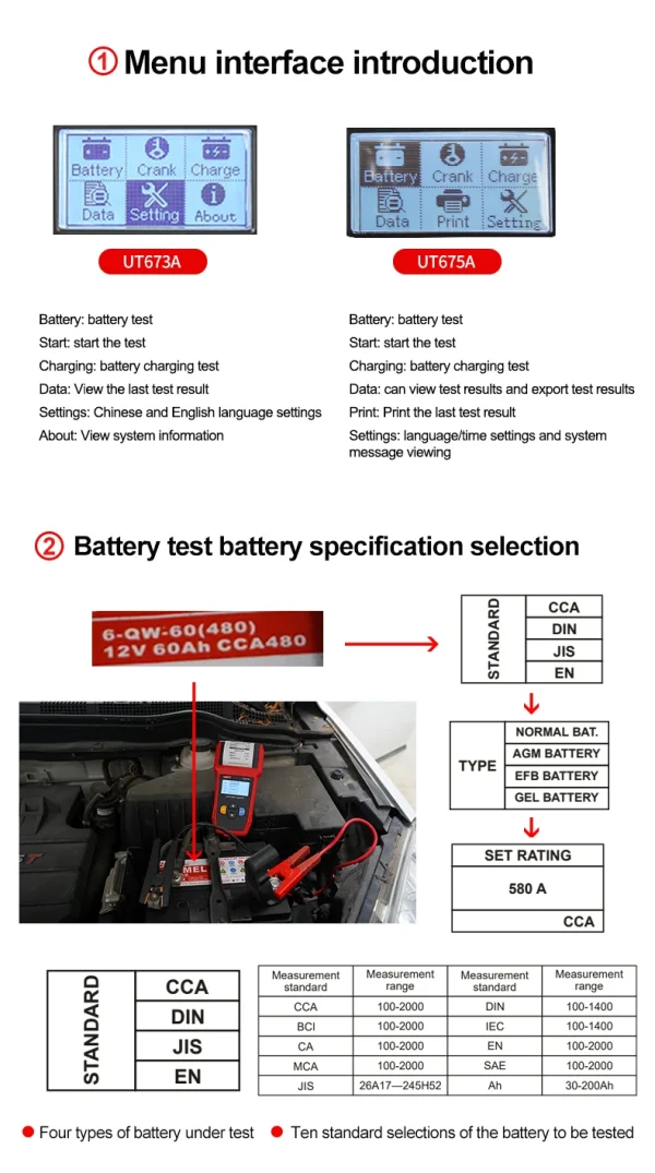 Testeur de batterie de voiture UNI-T, analyseur de chargeur 12V 24V DC UT673A UT675A, testeur de charge de capacité, Test du système de démarrage 40-2000CCA – Image 14