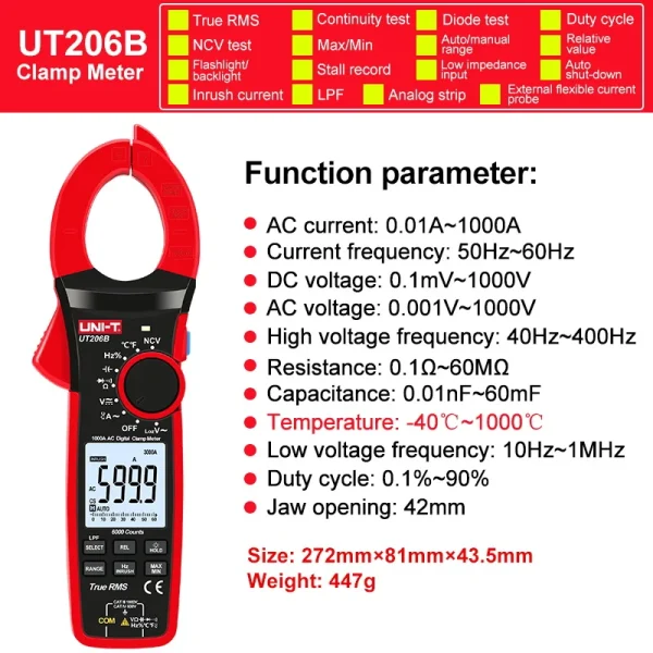 Pince ampèremétrique numérique UNI-T True RMS, UT207B, UT208B, courant AC DC, 1000A, pince 1000V, ampèremètre Ldissolve, pince ampèremétrique 6000 points – Image 8