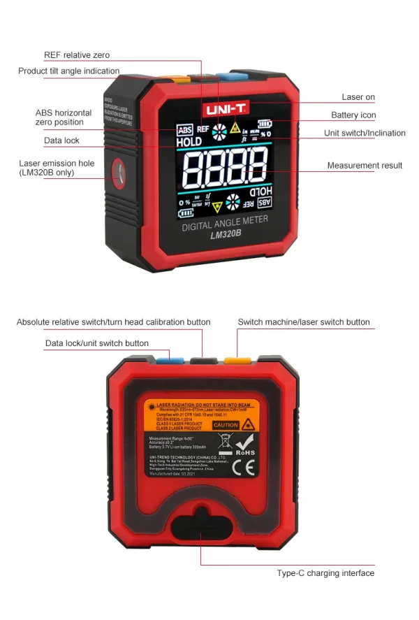 UNI-T LM320A LM320B Compteur d'angle Inclinomètre magnétique LM320F Rapporteur igital Angle Finder Biseau Boîte Outil de mesure d'angle – Image 33