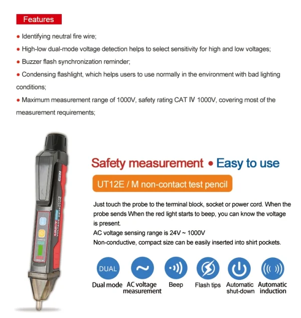 UNI-T UT12E UT12M prise murale détecteur de tension ca indicateur 24 V-1000 V sans Contact Volt courant capteur électrique stylo de Test – Image 12