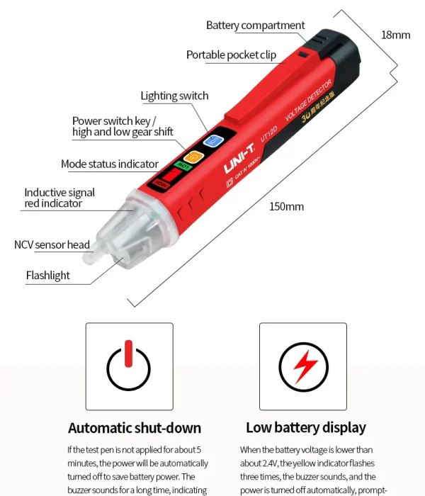 Détecteur de tension ca sans contact UNI-T UT12D UT12M UT12E 24V-1000V, stylo indicateur, crayon électrique, prise, voltmètre, testeur – Image 26