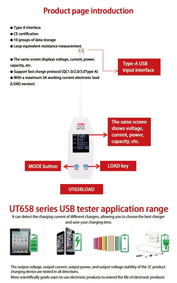 UNI-T USB Testeur UT658 Série Numérique Voltmètre Ampèremètre Courant Amperemcirculation Capacité Mètre Médecin Pour ature ilephone Tablette Puissance – Image 15