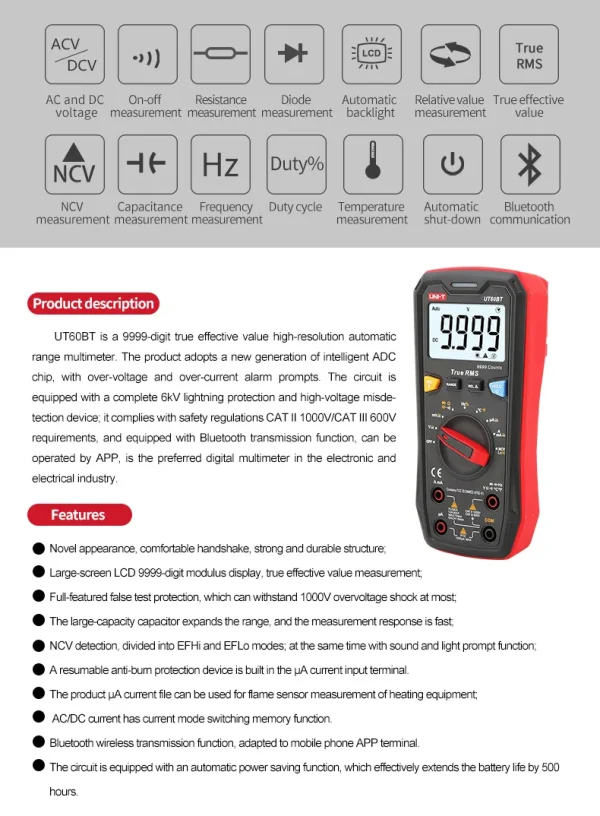Multimètre numérique intelligent UNI-T UT60S UT60BT 1000V AC DC, voltmètre ampèremètre True RMS, compteur de fréquence, testeur de température de condensateur – Image 12