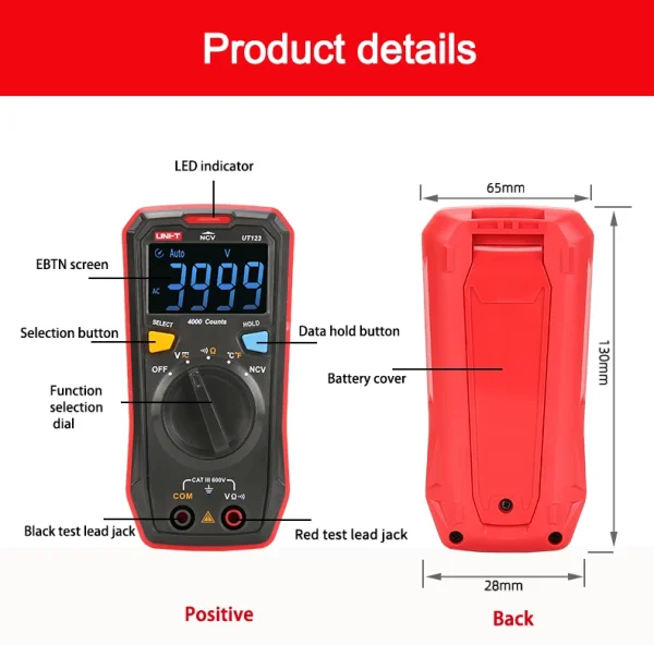 UNI-T Utree UT123D Mini multimètre numérique testeur de température données AC DC voltmètre tension de poche ampèremètre Ohm mètre plage automatique – Image 20