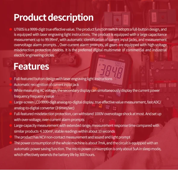 Multimètre numérique intelligent UNI-T UT60S UT60BT 1000V AC DC, voltmètre ampèremètre True RMS, compteur de fréquence, testeur de température de condensateur – Image 10