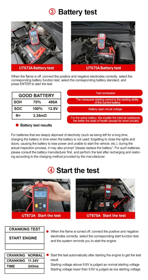 Testeur de batterie de voiture UNI-T, analyseur de chargeur 12V 24V DC UT673A UT675A, testeur de charge de capacité, Test du système de démarrage 40-2000CCA – Image 15