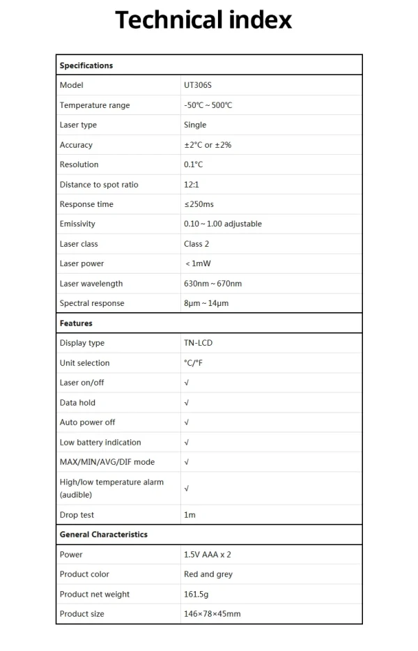 UNI-T thermomètre numérique UT306S UT306C sans contact industriel infrarouge Laser température mètre température pistolet testeur-50-500 – Image 22