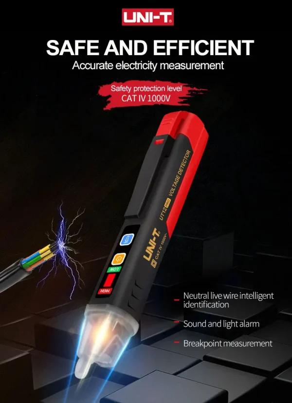 Testeur de tension ca UNI-T UT12D, détecteur, indicateur sans contact, bâton crayon 24V-1000V, puissance électrique, capteur de lumière LED – Image 9