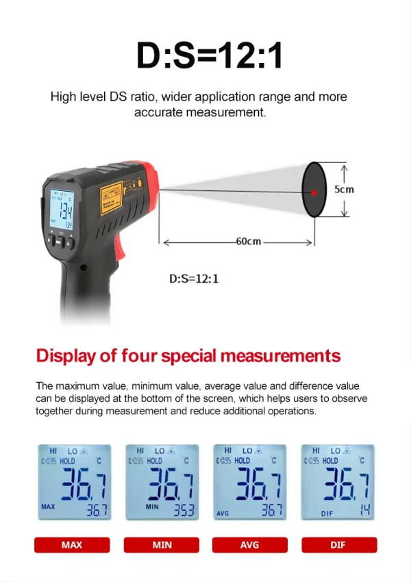 UNI-T thermomètre infrarouge numérique UT306S UT306C thermomètre sans contact pistolet de mesure de température Laser-50-500 Termometro – Image 14