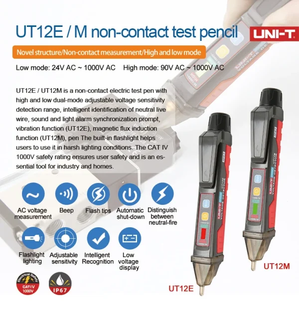 Détecteur de tension ca sans contact UNI-T UT12D UT12M UT12E 24V-1000V, stylo indicateur, crayon électrique, prise, voltmètre, testeur – Image 28