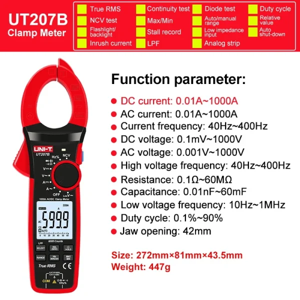 Pince ampèremétrique numérique UNI-T True RMS, UT207B, UT208B, courant AC DC, 1000A, pince 1000V, ampèremètre Ldissolve, pince ampèremétrique 6000 points – Image 7