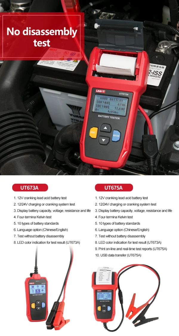 Testeur de batterie de voiture UNI-T, analyseur de chargeur 12V 24V DC UT673A UT675A, testeur de charge de capacité, Test du système de démarrage 40-2000CCA – Image 11