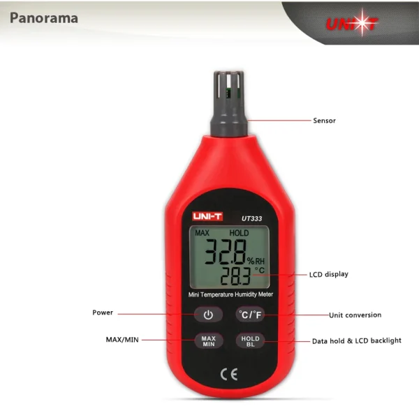 UNI-T UT333 Mini Température Humidité Mètre NikExtérieur Hygromètre Surcharge Indication Unité Conversion LCD Rétro-Éclairage hygromet – Image 9