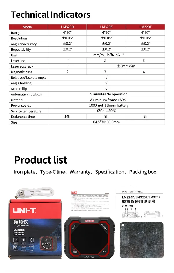 Inclinomètre magnétique UNI-T LM320D LM320E LM320F, détecteur d'angle, rapporteur de niveau numérique, règle 4x90 degrés – Image 20
