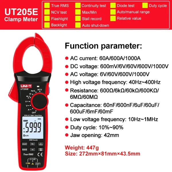 Pince ampèremétrique numérique UNI-T True RMS, UT207B, UT208B, courant AC DC, 1000A, pince 1000V, ampèremètre Ldissolve, pince ampèremétrique 6000 points – Image 9