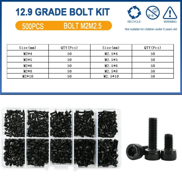 500 pièces M2 M2.5 petit Kit de boulons à vis 4mm 5mm 6mm 8mm 10mm vis électriques capuchon à six pans creux ordinateur portable PCB Allen boulons ensemble – Image 8