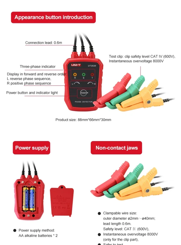 Détecteur triphasé sans contact UNI-T UT262E Testeur de rotation Phase Sequanciennement Breaker Finder 70V-1000V AC LED Buzzer Indication – Image 13