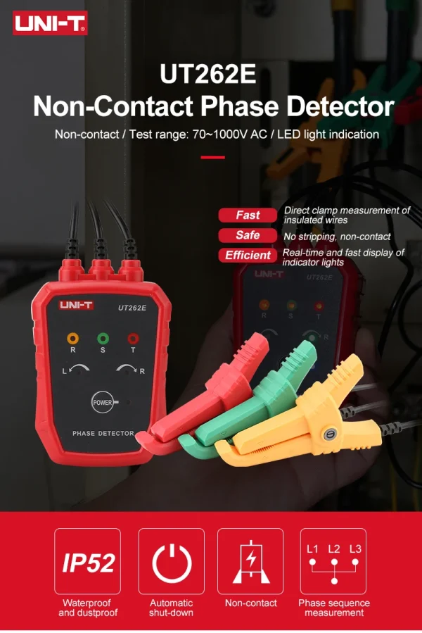 Détecteur triphasé sans contact UNI-T UT262E Testeur de rotation Phase Sequanciennement Breaker Finder 70V-1000V AC LED Buzzer Indication – Image 7