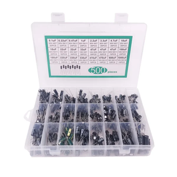 500 pièces 24 valeurs 0.1uF-1000u condensateur électrolytique condensateurs électrolytiques DIP mixtes 10V 16V 25V 50V Kit électronique – Image 3
