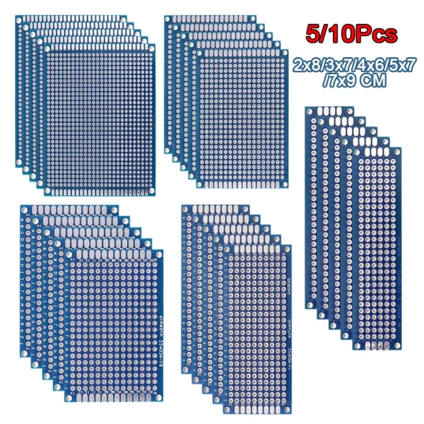 Prototype de carte PCB bleu, cartes de circuit imprimé double face pour projet de soudure de bricolage, 5/10 pièces, 2x8, 3x7, 4x6, 5x7, 7x9cm