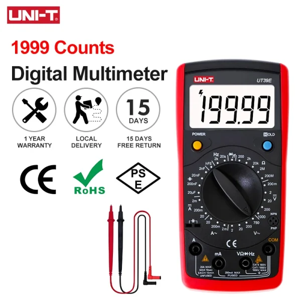 UNI T-Multimètre numérique UT39E, compteur de courant AC DC, voltmètre, testeur de puzzles morts, 1000 points, 20A, 19999 V