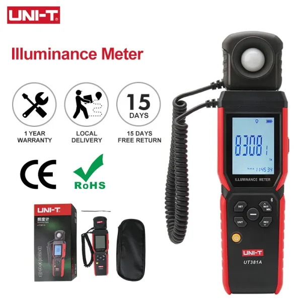 Éclairement UNI-T UT381A 400000   Photomètre de compteur de lumière numérique de compteur de Lux de conception rotative divisée lx avec l'application Bluetooth