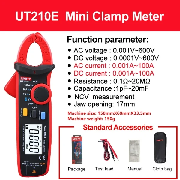 Pince multimètre numérique AC DC UNI-T UT210E UT210D, pince True RMS, ampèremètre, testeur de tension, compteur de fréquence – Image 8