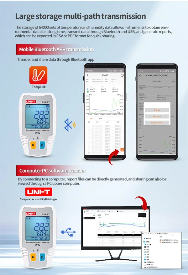 Enregistreur de données d'humidité de la température UNI-T A56 BT Bluetooth Digital Food Therye.com Hygromètre 64000 ensembles Stockage de données IP54 – Image 10