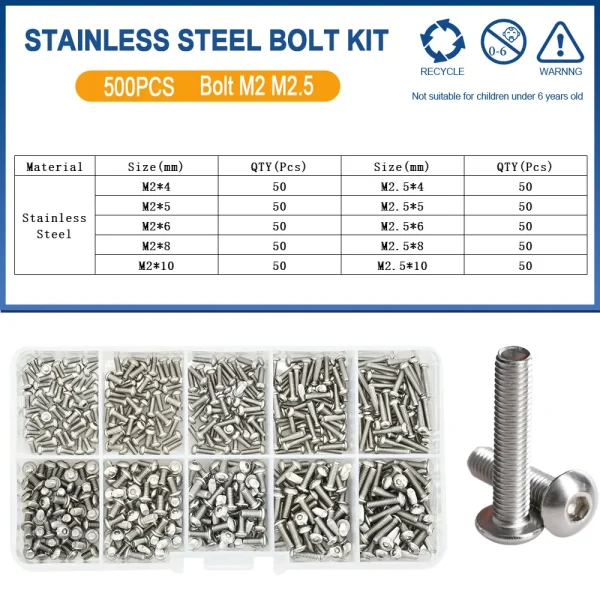 500 pièces M2 M2.5 petit Kit de boulons à vis 4mm 5mm 6mm 8mm 10mm vis électriques capuchon à six pans creux ordinateur portable PCB Allen boulons ensemble – Image 12