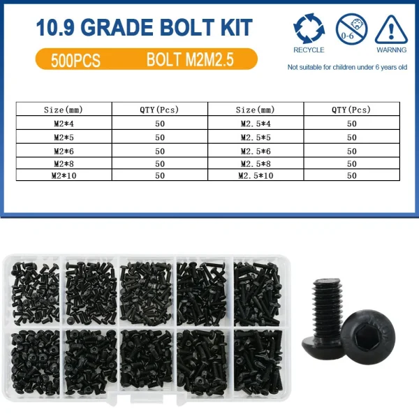 500 pièces M2 M2.5 petit Kit de boulons à vis 4mm 5mm 6mm 8mm 10mm vis électriques capuchon à six pans creux ordinateur portable PCB Allen boulons ensemble – Image 7