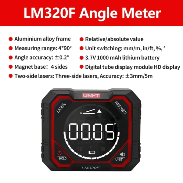 Inclinomètre magnétique UNI-T LM320D LM320E LM320F, détecteur d'angle, rapporteur de niveau numérique, règle 4x90 degrés – Image 9