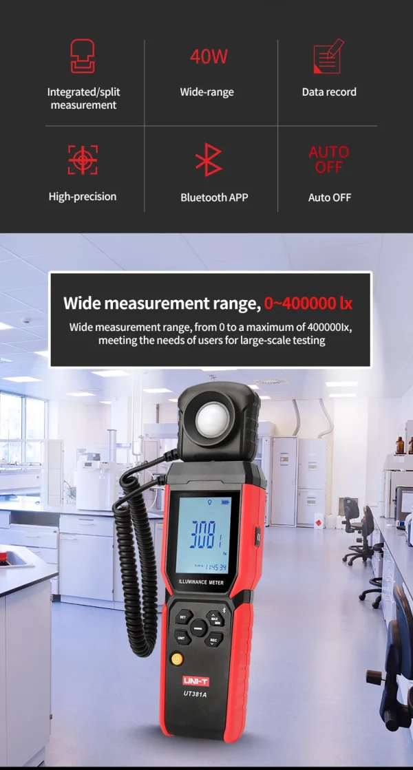 Éclairement UNI-T UT381A 400000   Photomètre de compteur de lumière numérique de compteur de Lux de conception rotative divisée lx avec l'application Bluetooth – Image 8