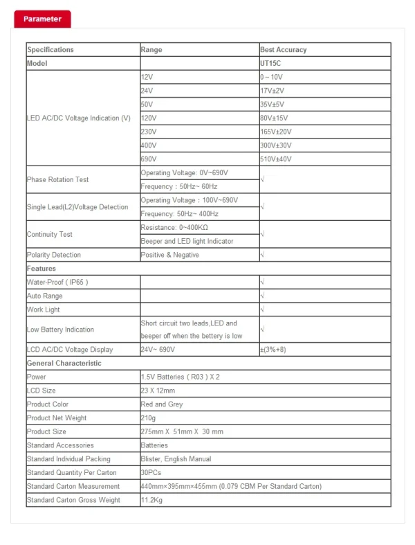 Testeurs de tension UNI-T UT18C UT18D UT15C, détecteur de tension de continuité de séquence de Phase, affichage LCD, plage automatique, étanche IP65 – Image 11