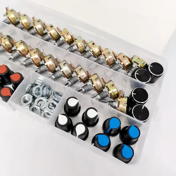 Kit de potentiomètre simple WH148 15MM, 20 ensembles/boîte, B5K/10K/20K/50K/100K avec boutons, jeu d'écrous d'arbre – Image 4