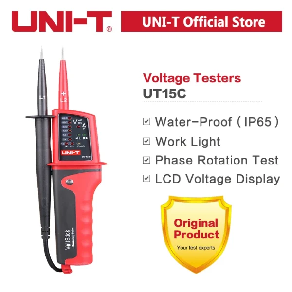Testeurs de tension UNI-T UT18C UT18D UT15C, détecteur de tension de continuité de séquence de Phase, affichage LCD, plage automatique, étanche IP65 – Image 8