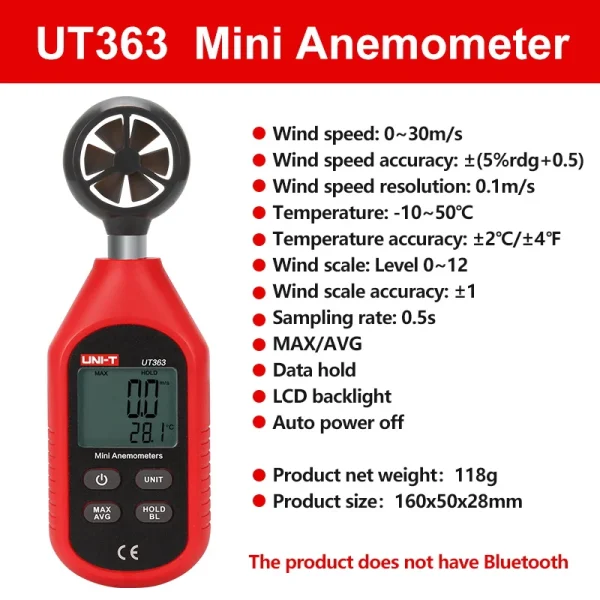 UNI-T UT363 anémomètre portatif numérique UT363BT mesure de la vitesse du vent testeur de température affichage LCD débit d'air vitesse compteur de vent – Image 8
