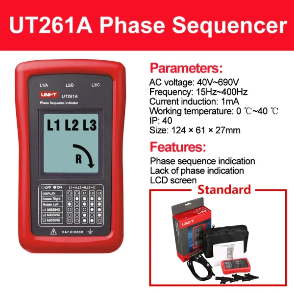 Compteur de séquence de Phase UNI-T UT261A UT261B, indicateur de Rotation du moteur manquant, détecteur de séquence de Phase – Image 7