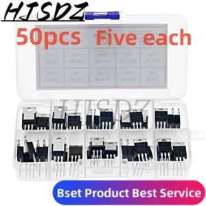 Kit d'assortiment de transistors Mosfet, 50 pièces, 10 Types, série IRF640 IRF740 IRF830 IRF840 IRF530 IRF630 IRF820 IRFZ44 IRF9540 IRF3205