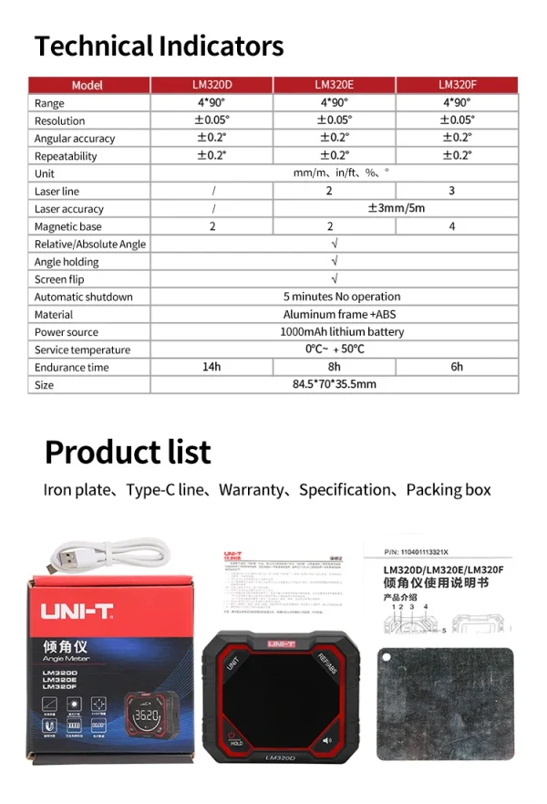UNI-T LM320A LM320B Compteur d'angle Inclinomètre magnétique LM320F Rapporteur igital Angle Finder Biseau Boîte Outil de mesure d'angle – Image 21