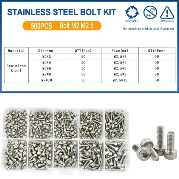 500 pièces M2 M2.5 petit Kit de boulons à vis 4mm 5mm 6mm 8mm 10mm vis électriques capuchon à six pans creux ordinateur portable PCB Allen boulons ensemble – Image 18