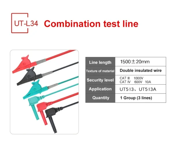 Câbles de test à pinces crocodile UNI-T UT-L34 – Compatibles UT513 / UT513A – 1000V – Image 3