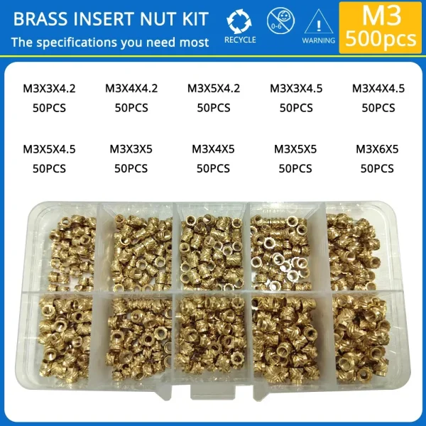 M2 M2.5 M3 M4 M5 M6 ensemble de chaleur en laiton écrou d'insertion inserts filetés moletés thermofusibles pour Kit d'assortiment d'écrous en cuivre d'encastrement d'impression 3d – Image 6