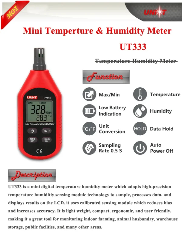 UNI-T UT333 Mini Température Humidité Mètre NikExtérieur Hygromètre Surcharge Indication Unité Conversion LCD Rétro-Éclairage hygromet – Image 8
