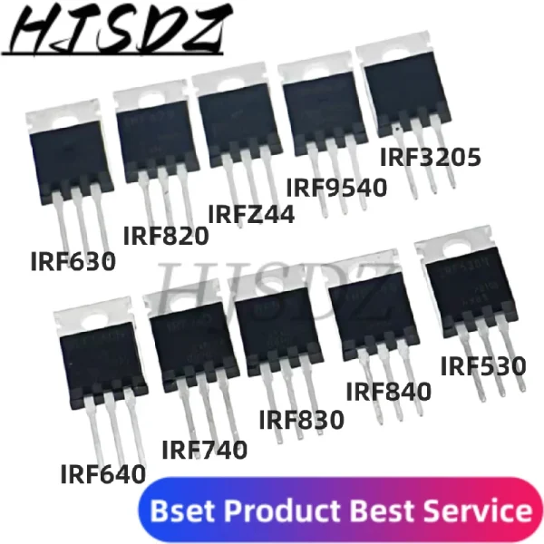 Kit d'assortiment de transistors Mosfet, 50 pièces, 10 Types, série IRF640 IRF740 IRF830 IRF840 IRF530 IRF630 IRF820 IRFZ44 IRF9540 IRF3205 – Image 2