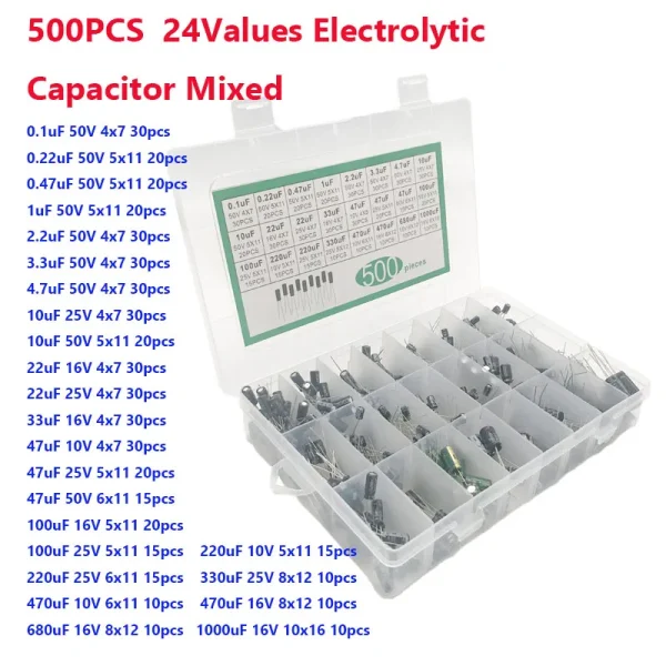 500 pièces 24 valeurs 0.1uF-1000u condensateur électrolytique condensateurs électrolytiques DIP mixtes 10V 16V 25V 50V Kit électronique – Image 2